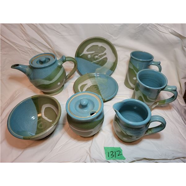 Blue/green tea set, hand-made by a potter in the Gulf Islands, British Columbia, 10 pieces total [x=