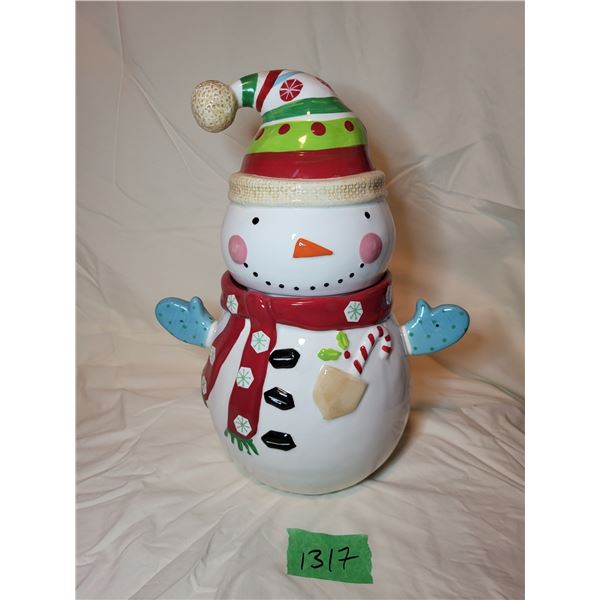 PIER 1 ceramic snowman cookie jar + lid