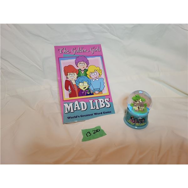 THE GOLDEN GIRLS MadLib game book, and battery-operated, multi-coloured glitter globe of THE GOLDEN 