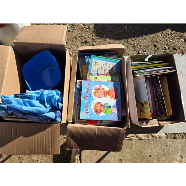 3 boxes of misc items- childrens books