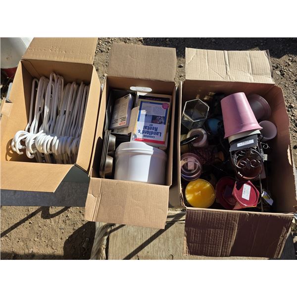 3 boxes of misc items- hangers