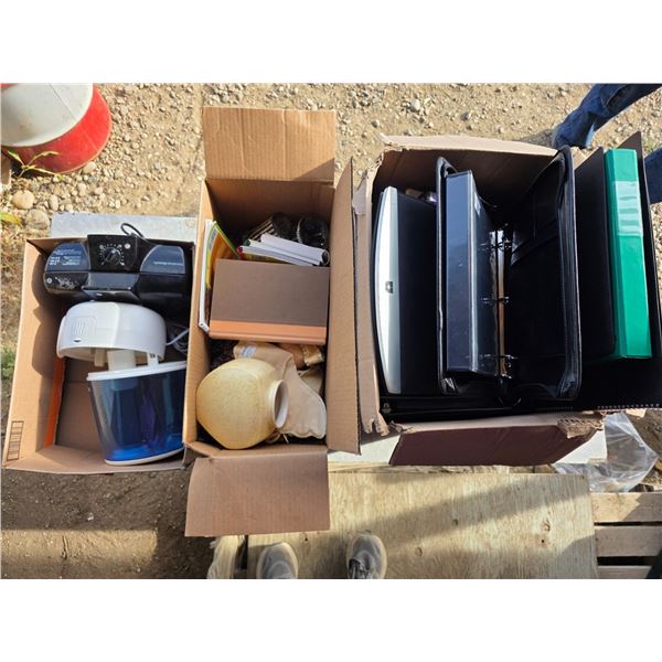 3 boxes of misc items- electronics- moniter