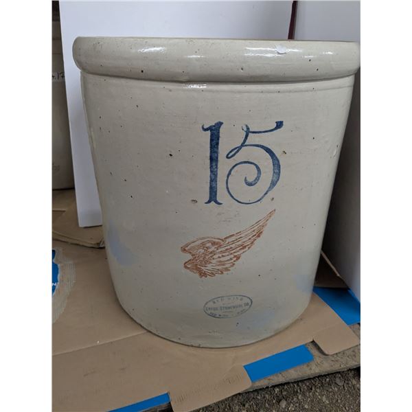 15-Gal Redwing Crock, No Chips or Cracks (Some Glazing Blemishes – See Pics)
