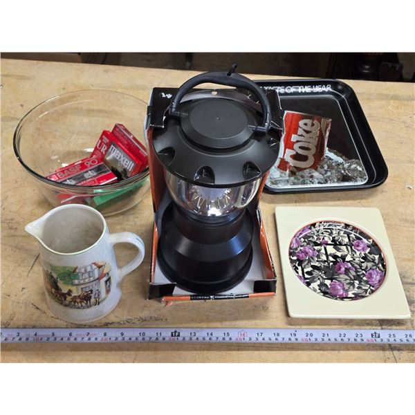 Lot of misc items- new lantern, coca cola tray