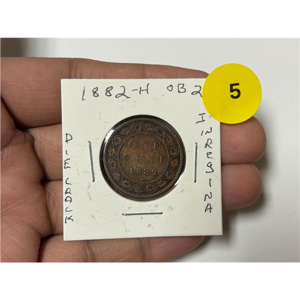 1882-H Canadian Large Cent, OB-2, Die Crack,I in Regina