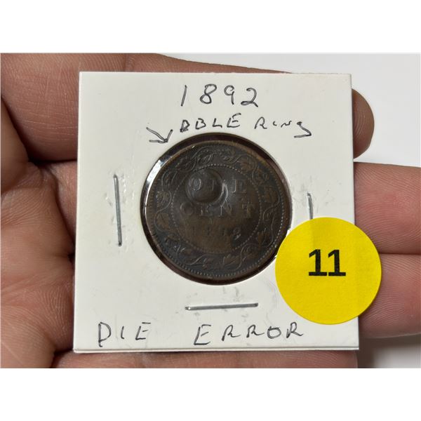 1892 Canadian Large Cent, Die Error, Dble Ring on O & N In ONE