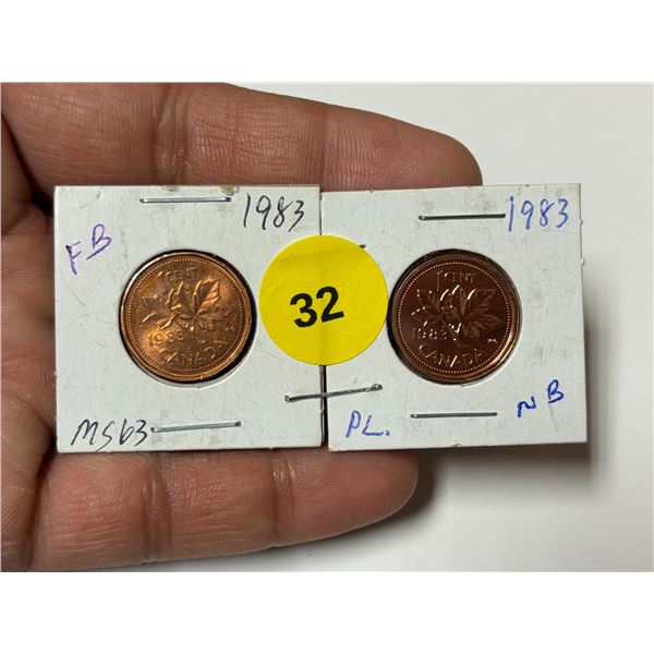 1983 Canadian Small Cent, Far Bead & Near Bead, MS63 & PL