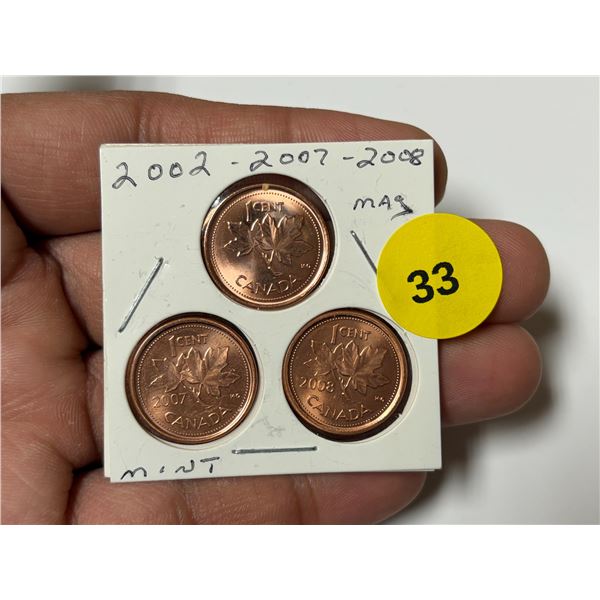 2002-2008 Canadian Small Cent, 2002,2007,2008 Magnetic,MINT