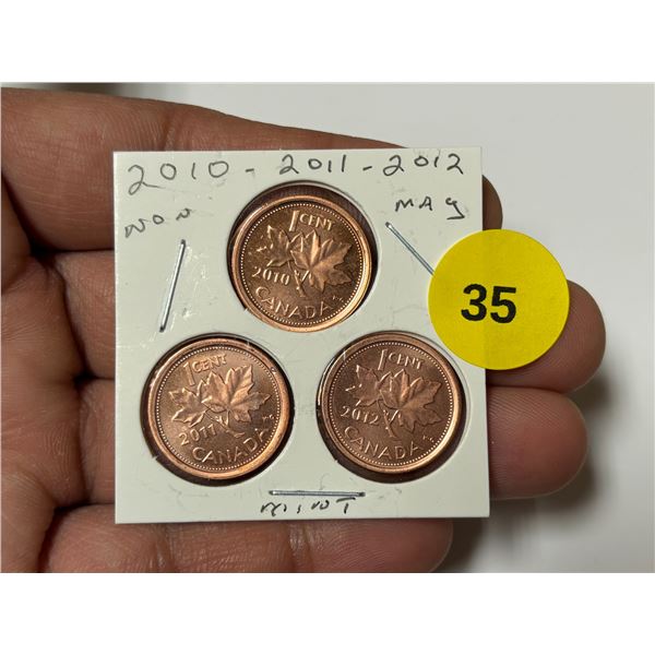 2010-2012 Canadian Small Cent, 2010,2011,2012, Non Magnetic, MINT