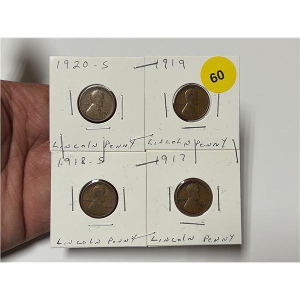 1917-1920 U.S. Lincoln Pennys, 1917, 1918-S,1919, 1920=S