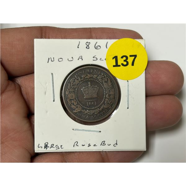 1861 Bank Of Nova Scotia, 1 Penny , F-12, LARGE ROSE BUD