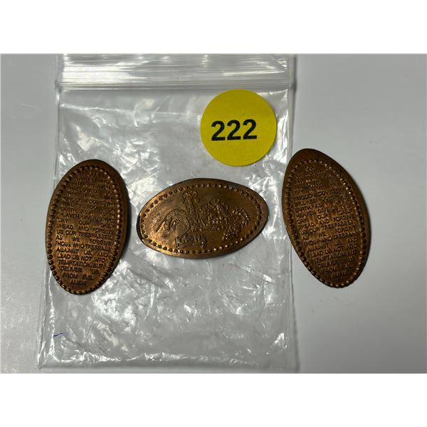 Set of three collectible elongated (pressed or smashed) pennies, which include two religious coins f
