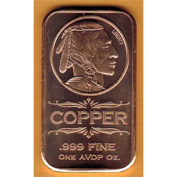 1 OUNCE COPPER BAR -  .999 FINE - US INDIAN HEAD  NICKEL COIN DESIGN