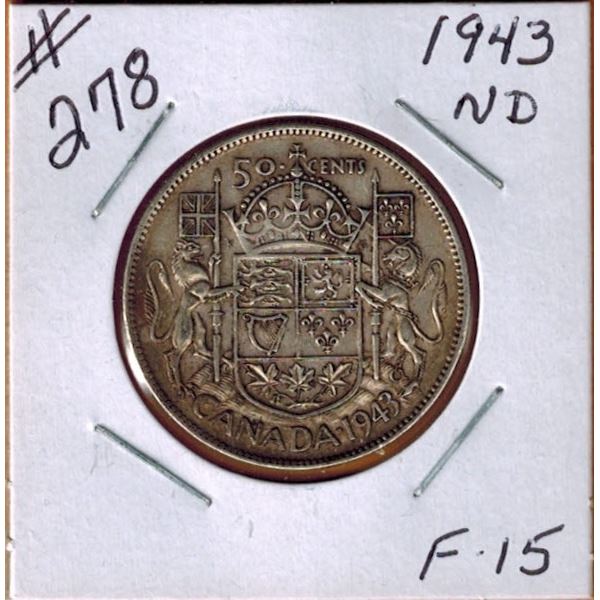1943 CANADIAN SILVER 50 CENT COIN - NARROW DATE
