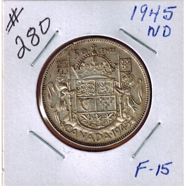 1945 CANADIAN SILVER 50 CENT COIN - NARROW DATE