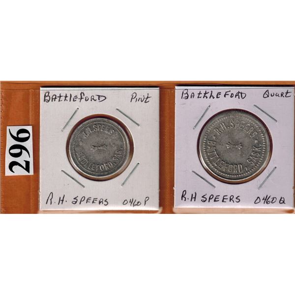 SASKATCHEWAN DAIRY TOKENS - BATTLEFORD - R. H. SPEERS  (Pint and Quart Token)