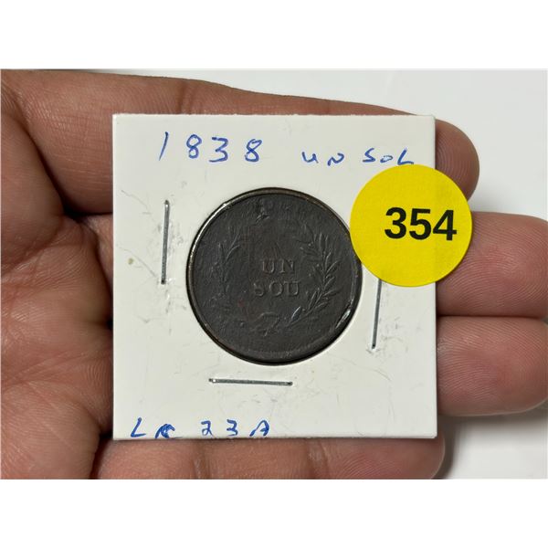 1838 Lower Canada "Un Sou" Bouquet Token