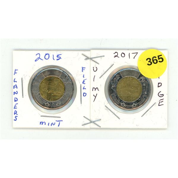 2015-2017 Canadian Toonies, Flanders Field & Vimy Ridge