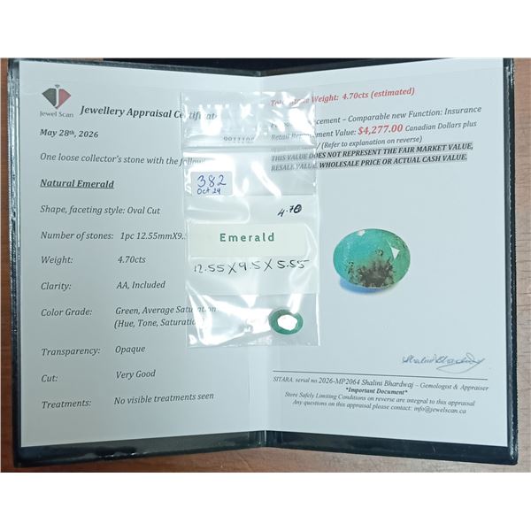 4.7 ct Cert. Emerald gemstone ($4,227)