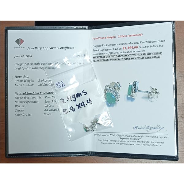 2.4 ct Cert. Silver Emerald gemstone earrings ($1,494)