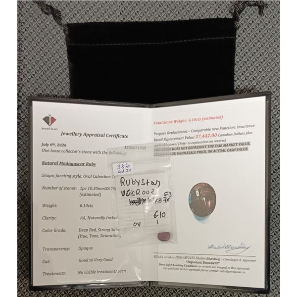 6.1 ct Cert. Madagascar Star Ruby gemstone ($7,442)