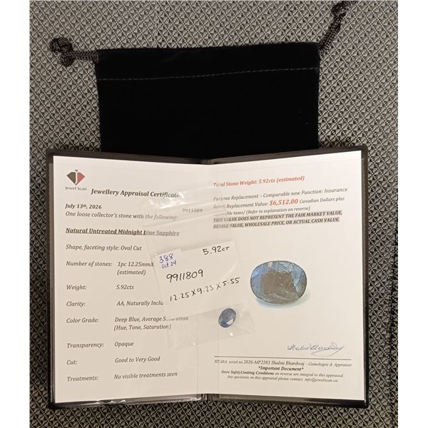 5.92 ct Cert. Midnight Blue Sapphire gemstone ($6,512)