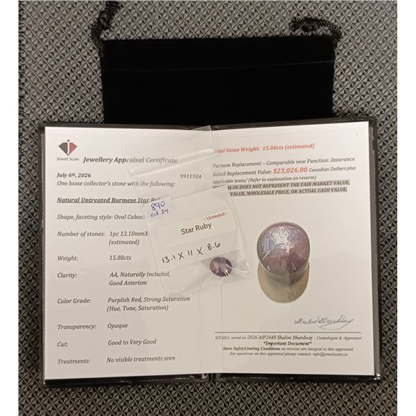 15.88 ct Cert. Burmese Star Ruby gemstone ($23,026)