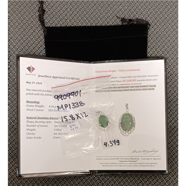 4.34 ct Cert. Silver Emerald gemstone Pendant ($9,108)