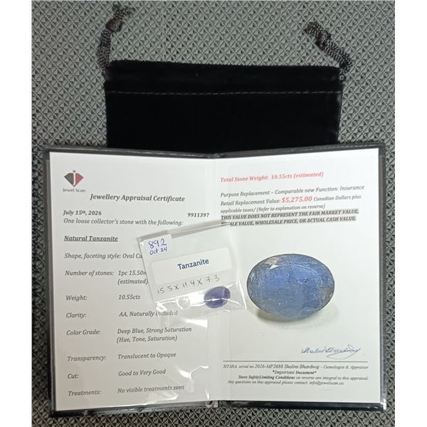 10.55 ct Cert. Tanzanite gemstone ($5,275)
