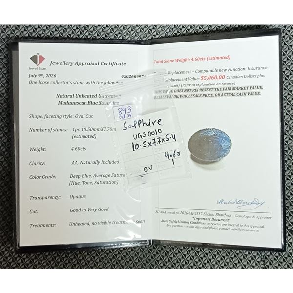 4.6 ct Cert. Midnight Sapphire gemstone ($5,060)