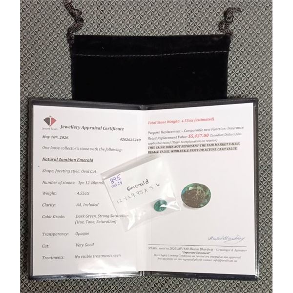 4.55 ct Cert. Zambian Emerald gemstone ($5,437)