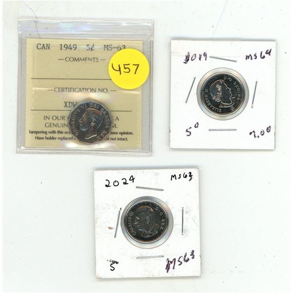 1949 Canada 5 Cents - MS-63 - XDW 943 ICCS, 2019 Canada 5 Cents - MS64 and 2024 Canada 5 Cents - MS6
