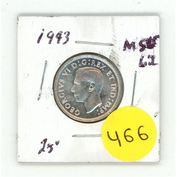 1943 Canada Silver 25 Cents.