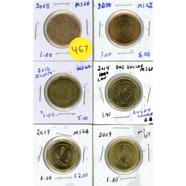 2008, 2010, 2012, 2014, 2017, 2019 Canada Special Proof Like One Dollar Coins.