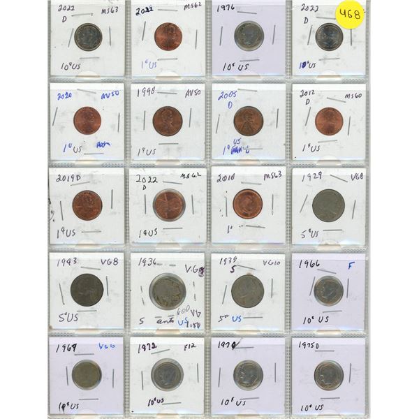 (2) Sheet of U.S.A. Coins. (It Includes 1, 5, 10, 25 Cents - Total 32 Coins)