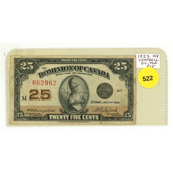 1923 25 Cents Shinplaster. Campbell-Clark signatures. DC-24d. F15.
