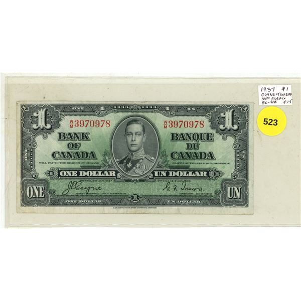1937 $1. Coyne-Towers signatures. W/M Prefix. BC-21d. F15.
