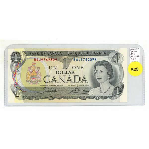 1973 $1. Crow-Bouey signatures. BAJ Prefix. BC-46b. Gem Uncirculated.