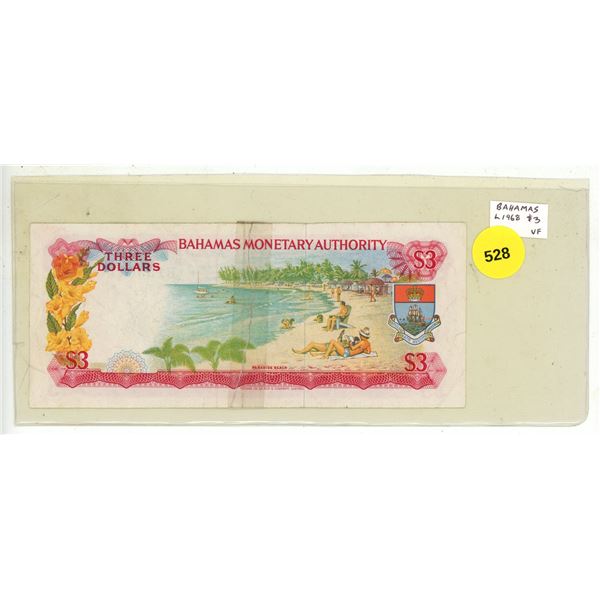 Bahamas. L1968 $3. Odd denomination. Beach scene. VF.