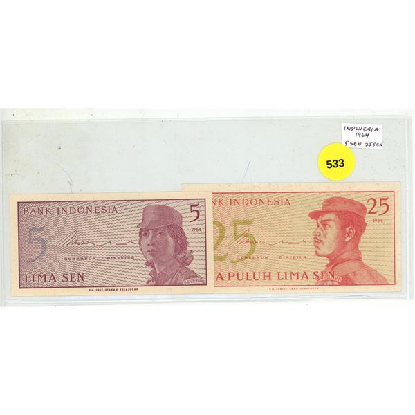 Set of 2 1964 Indonesia banknotes. 5 Sen and 25 Sen. Unc.