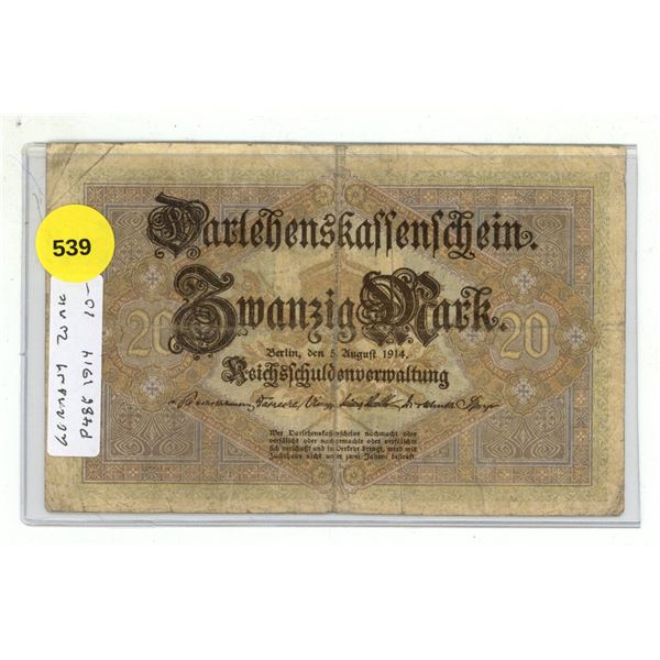 Germany – Empire. 1914 20 Mark Darlehenskassenschein. Issued the first year of World War I.