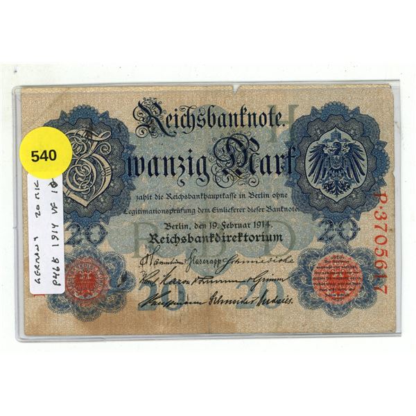 Germany – Empire. 1914 20 Mark Reichsbanknote. Issue for first year of World War I. VF.