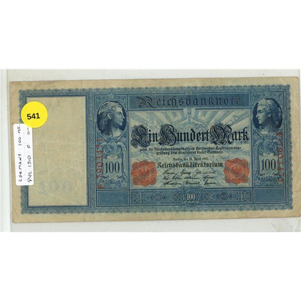 Germany – Empire. 1910 100 Mark Reichsbanknote. Fine or higher.