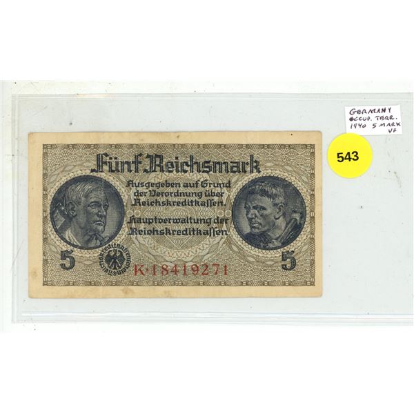 Nazi Germany. 1940 5 Mark issued for German occupied territory during World War II. VF.