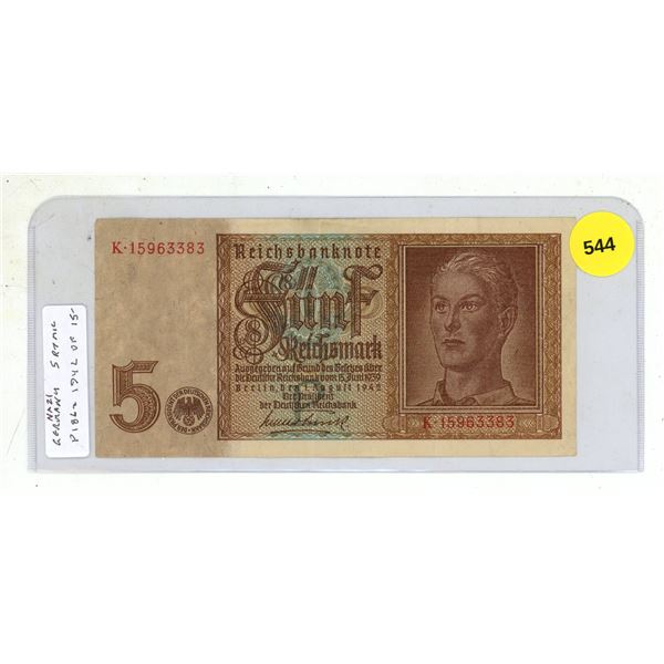 Nazi Germany. 1942 5 Reichsmark Reichsbanknote. Eagle with Swastika. VF.