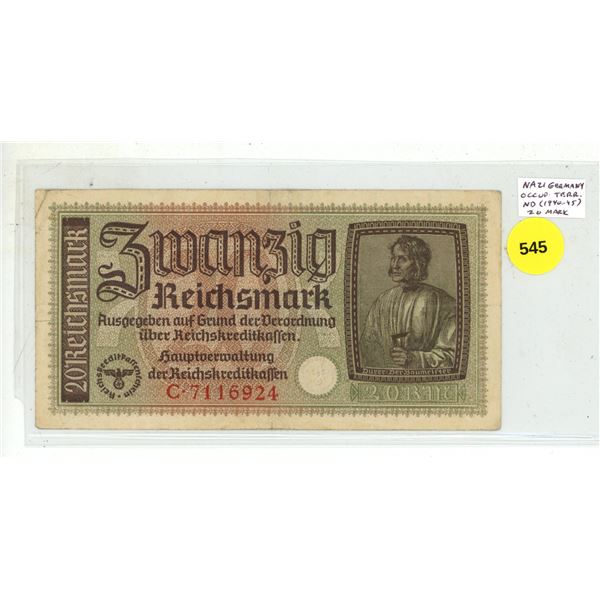 Nazi Germany. ND (1940-1945) 20 Reichsmark issued for German occupied territory during World War II.