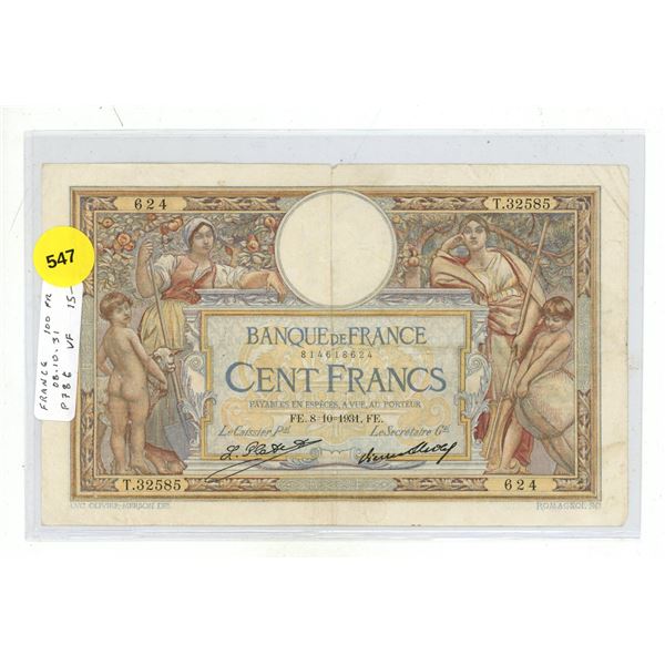 France. 1931 100 Francs. VF.
