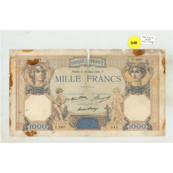 France. 1933 1000 Francs. Good with problems.