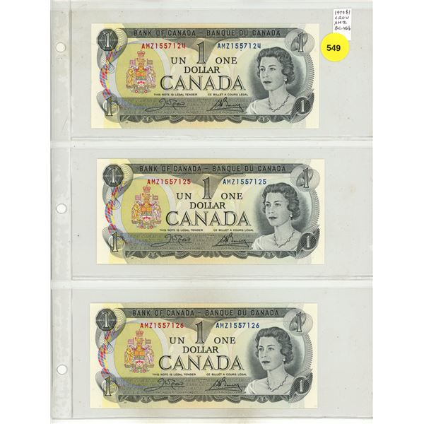 Set of 3 Consecutive Serial Number 1973 $1 notes. Crow-Bouey signatures. AMZ Prefix. BC-46b. Gem Unc
