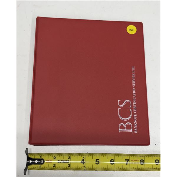 Empty Banknote Certification Service 3-ring binder with 20 empty pages for Canadian banknotes. Used 